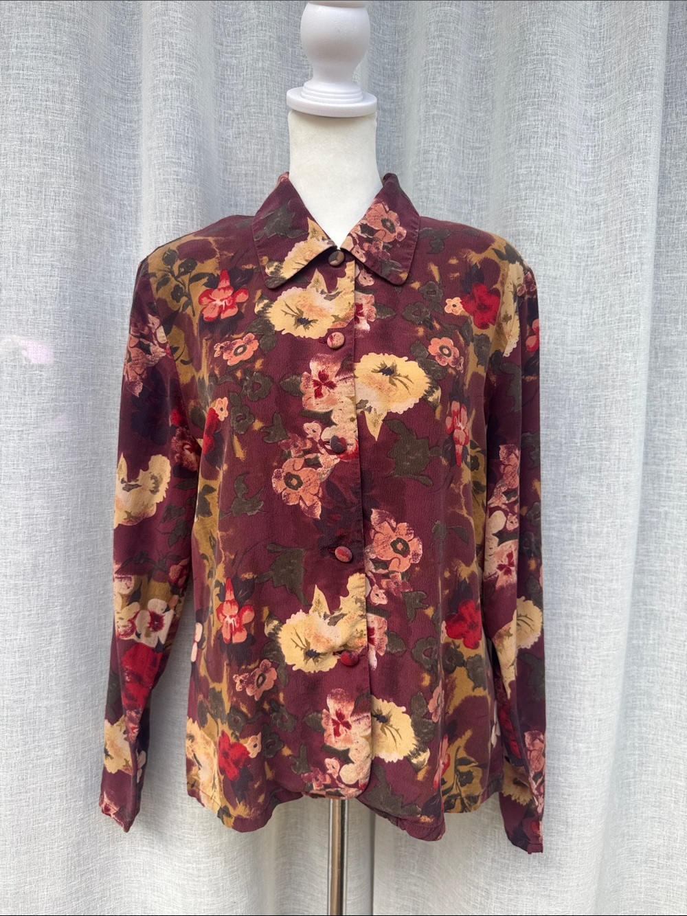 Vintage Tess Silk  long-sleeve, button-down shirt in a rich merlot or burgundy s